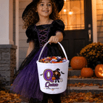 Personalised Spooky Cartoon Witch Pumpkin Large Capacity Sweets Bucket with Photo Initial and Name Halloween Party Trick or Treat Gift for Girls Boys