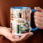 Personalized 3D-Effect Artwork Stained Glass Floral Bookshelf Coffee Mug with Name Birthday Reading Gift for Book Lover Bookworm