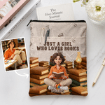 Personalized 3D-Effect Artwork Cartoon Reading Character Photo Book Sleeve Cover with Name Text and Front Pocket Birthday Gift for Women Book Lovers