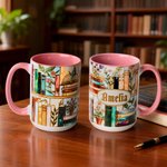 Personalized 3D-Effect Artwork Stained Glass Floral Bookshelf Coffee Mug with Name Birthday Reading Gift for Book Lover Bookworm