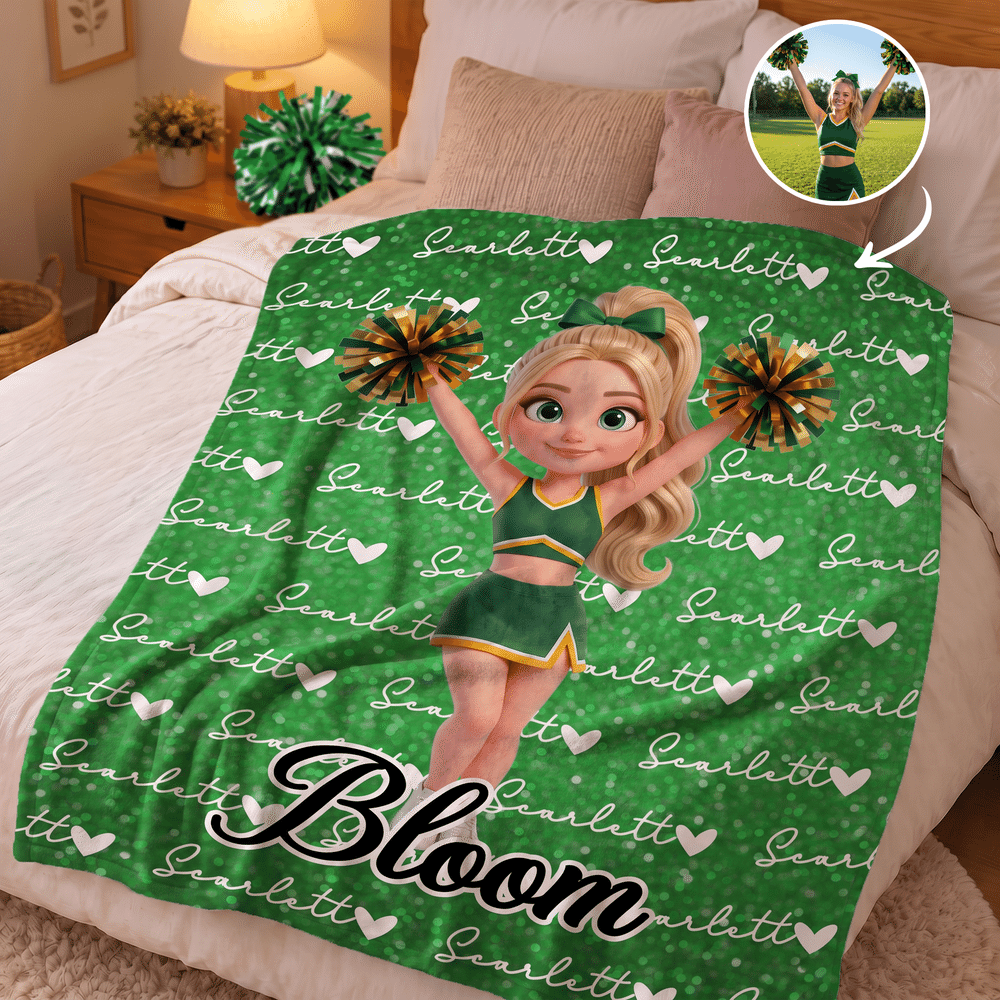 Personalized Cheerleading Cartoon Character Photo Multicolor Soft Throw Blanket with Name Home Decor Game Day Birthday Gift for Cheerleader Coach 5
