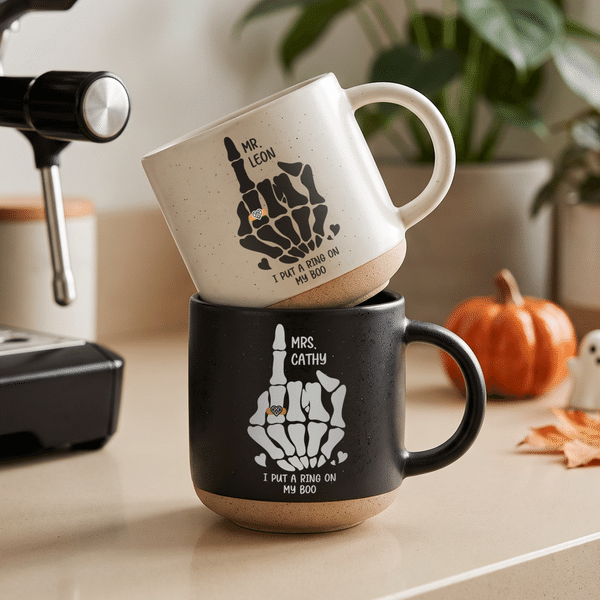 Personalised Couple Skeleton Rings Pattern Ceramic Coffee Mug with Surname and Text Daily Use Birthday Halloween Gift for Halloween Lover  Couple