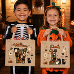 Henkilökohtainen kurpitsa-kissa-kummitus -aiheinen, patchwork-tyylinen, nimikirjaimilla varustettu, tilava juuttikassi, jossa on nimi – Halloween-lahja lapselle, joka rakastaa Halloweenia