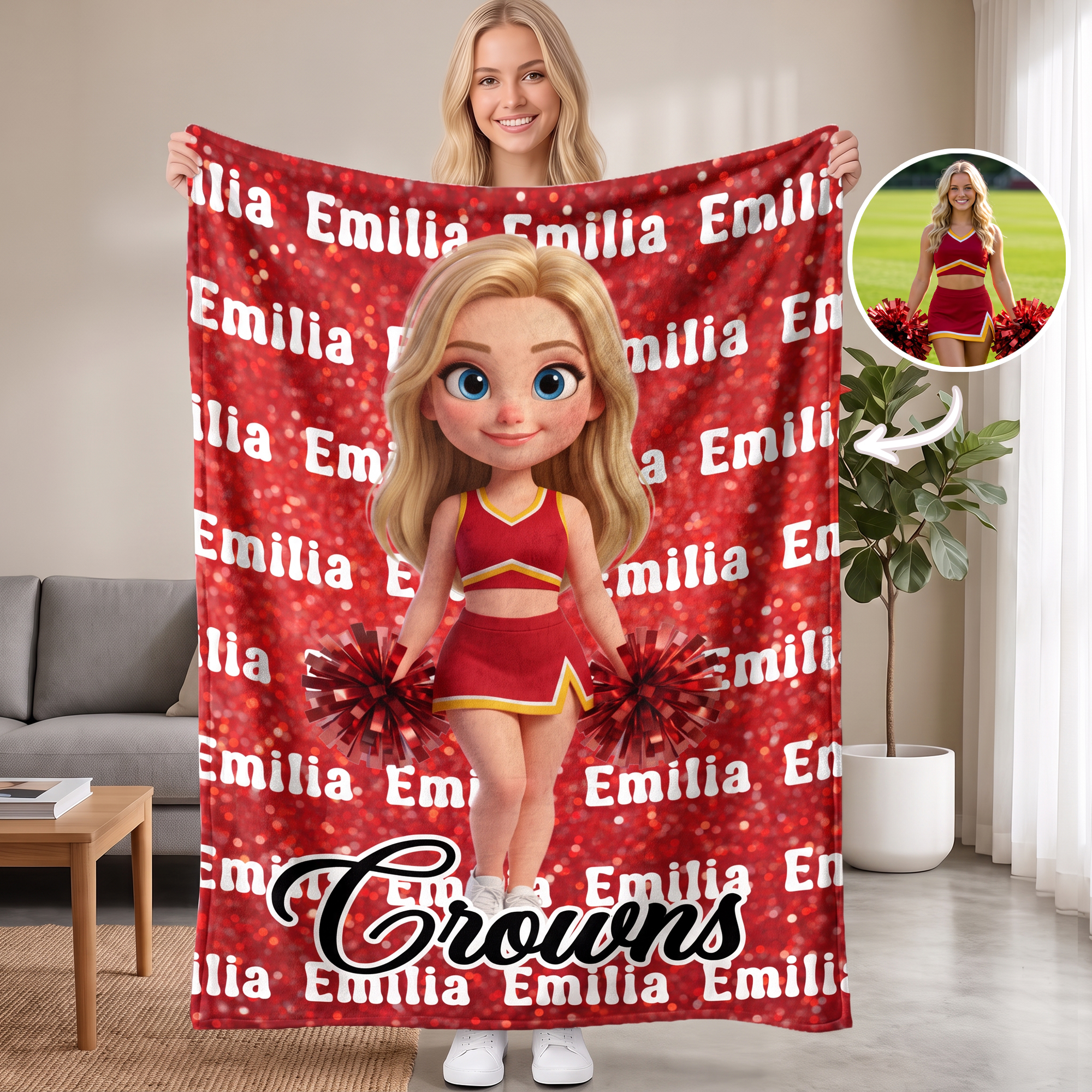 Personalisierte, mehrfarbige, weiche Kuscheldecke mit Cheerleader-Cartoon-Figur und Foto – mit Namen – Wohnaccessoire, Geschenk zum Spieltag oder Geburtstag für Cheerleader-Trainer