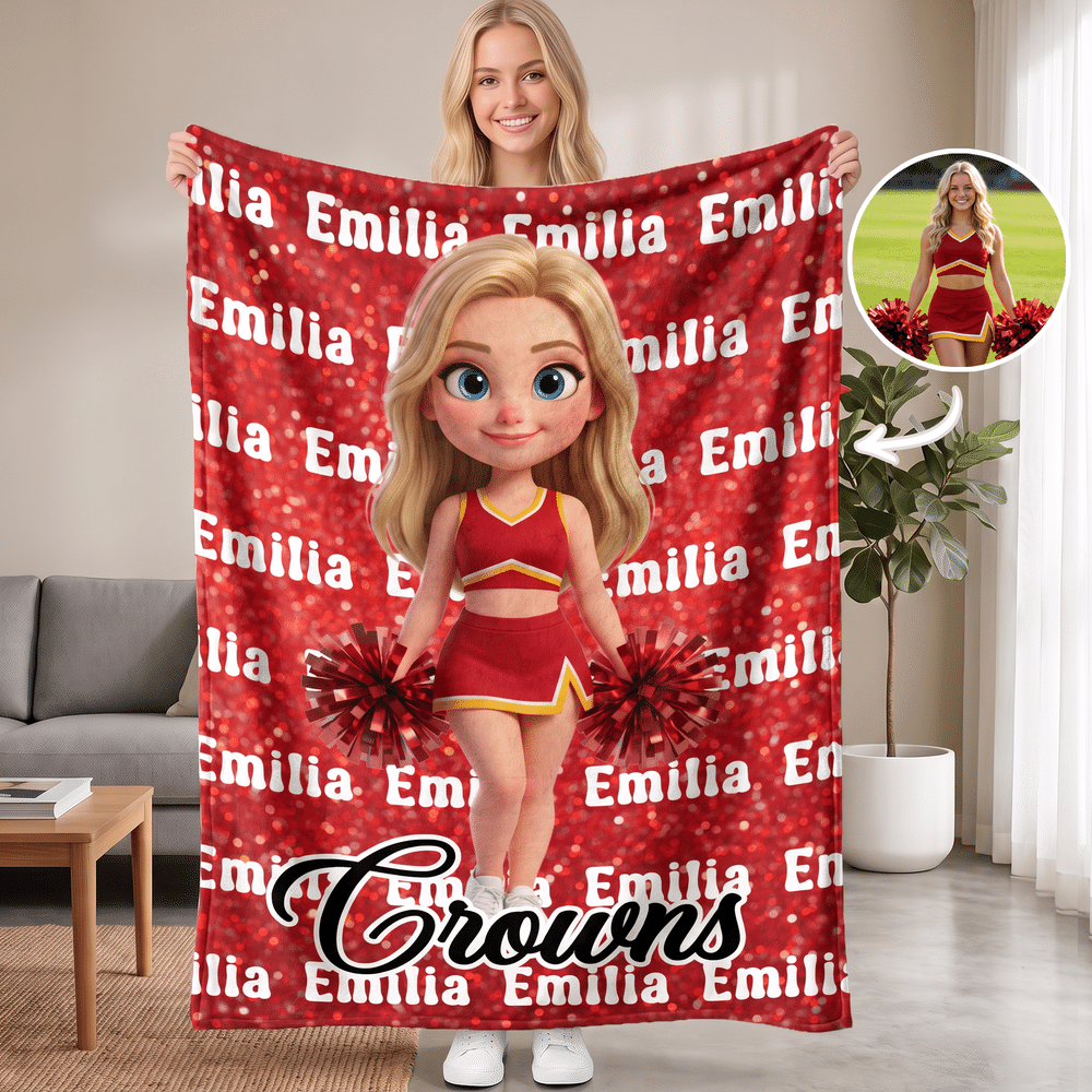 Personalized Cheerleading Cartoon Character Photo Multicolor Soft Throw Blanket with Name Home Decor Game Day Birthday Gift for Cheerleader Coach 1
