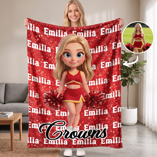 Personalised Cheerleading Cartoon Character Photo Multicolour Soft Throw Blanket with Name Home Decor Game Day Birthday Gift for Cheerleader Coach