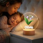 Personlig 2D-nattlampa i akryl med LED-belysning, med namn och födelsedagsblomma samt träfot – inredningsdetalj till barnrummet och present till barn
