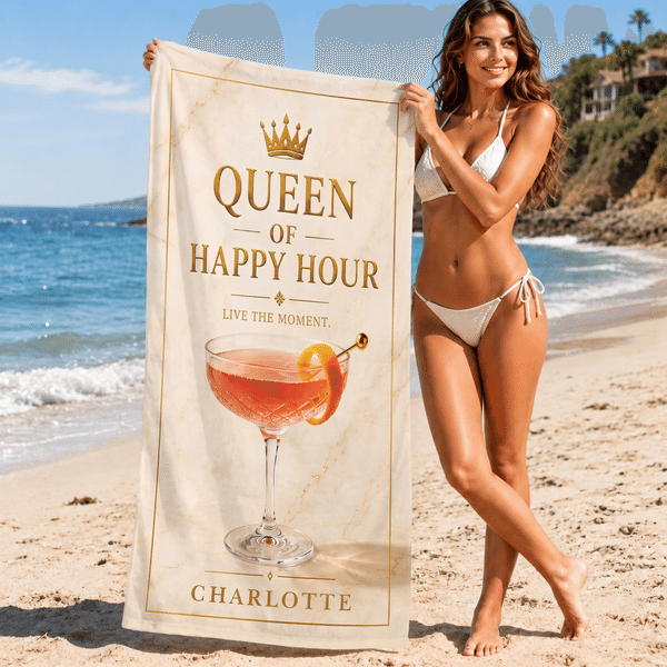 Personalized Queen King of Happy Hour Couple Quick‑Dry Magnetic Beach Towel with Name  Anniversary Valentine's Day Gift for Lovers