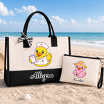 Personalized Cute Yellow Duck Large Capacity Tote Bag Portable Makeup Bag with Name Birthday Anniversary Gift for Girlfriend Sister Girl