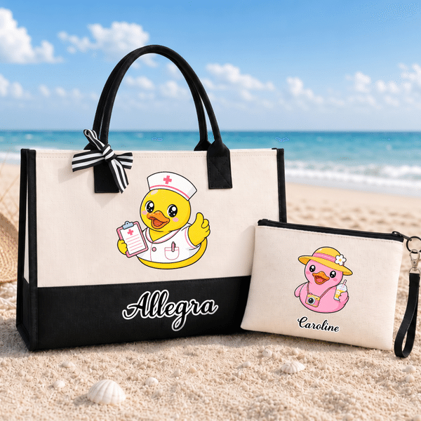 Personalized Cute Yellow Duck Large Capacity Tote Bag Portable Makeup Bag with Name Birthday Anniversary Gift for Girlfriend Sister Girl