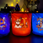 Personalized Cute Pumpkin Ghost LED Light Bucket Bag with Name and Initial Trick or Treat Halloween Party Birthday Gift for Kid Boy Girl