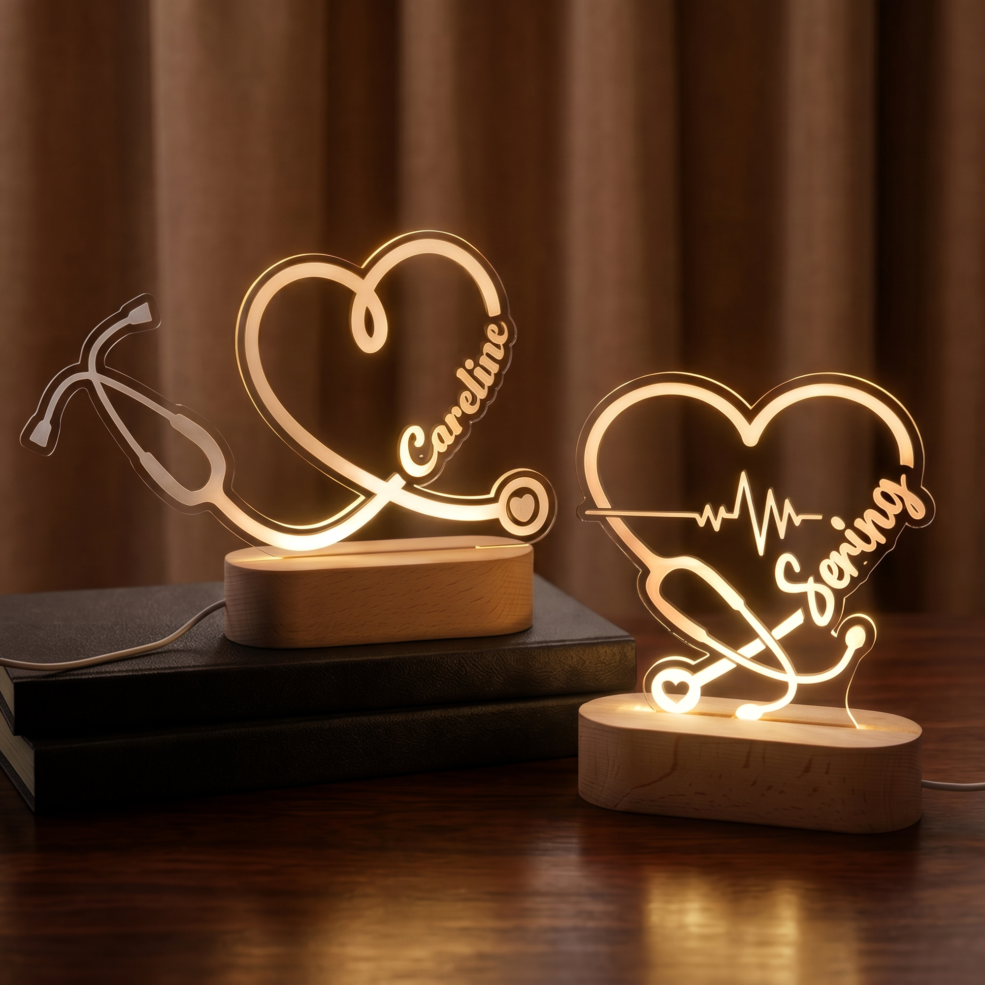 Personalisiertes Stethoskop – herzförmiges LED-Nachtlicht aus Acryl mit Holzsockel und Namensgravur – Wohnaccessoire und Geburtstagsgeschenk für medizinisches Personal