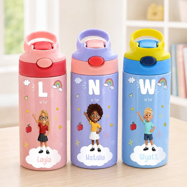 Personalisierte, niedliche Trinkflasche mit Cartoon-Figur, 12 oz, isoliert, mit Strohhalm und auslaufsicherem Deckel – Geschenk zum Schulanfang für Jungen und Mädchen