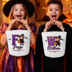 Personalised Spooky Cartoon Witch Pumpkin Large Capacity Sweets Bucket with Photo Initial and Name Halloween Party Trick or Treat Gift for Girls Boys