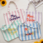 Personalised Multicolour Plush Embroidery Striped Canvas Tote Bag with Text Back to School Teacher Appreciation Week Teacher's Day Gift for Teacher