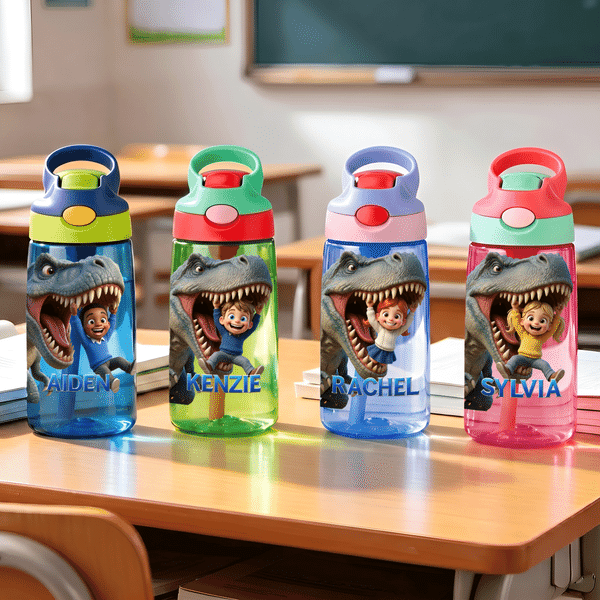 Personlig tegneserie-dinosaur-vannflaske for barn (16 oz) med navn og bilde – til daglig bruk, til skolestart og som bursdagsgave til gutter som elsker dinosaurer