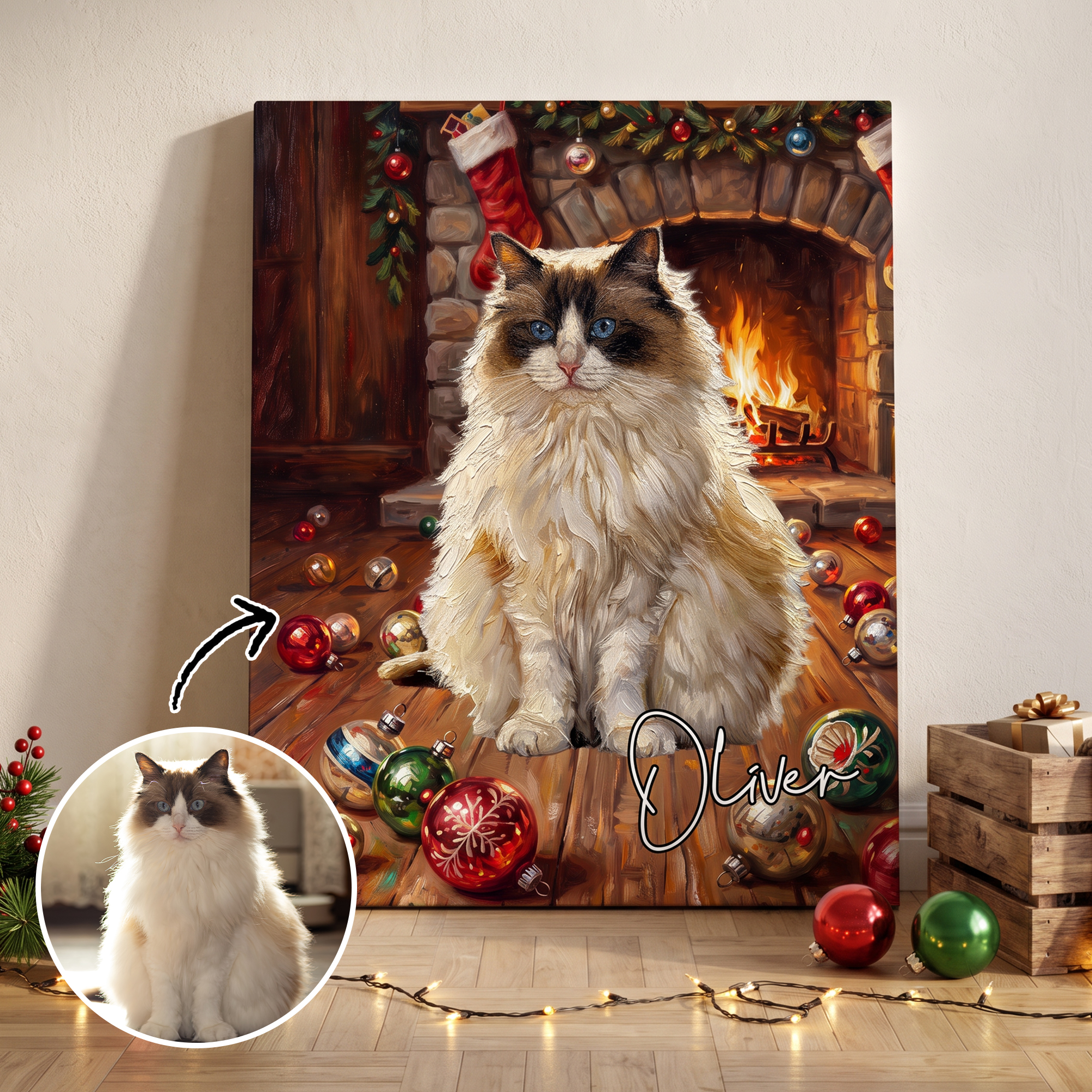 Personalisierter Leinwanddruck mit Foto Ihres Haustiers im Schnee vor einem Weihnachtsbaum, mit Namen, als Wohnaccessoire – Versand aus den USA, Weihnachtsgeschenk für Haustierbesitzer