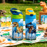 Personalized Ink Splash Dinosaur City 12 oz Insulated Water Bottle with Name Back to School Birthday Gift for Kid Dinosaur Lover