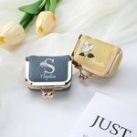 Personalised Pearl Effect Initial Birth Flower Portable PU Leather Mini Jewellery Case with Kiss Lock and Name Daily Use Birthday Gift for Women