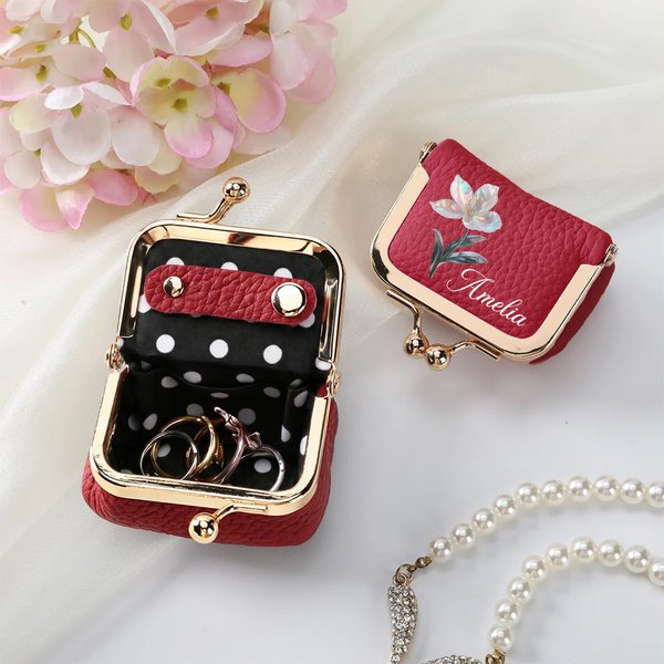 Personalised Pearl Effect Initial Birth Flower Portable PU Leather Mini Jewellery Case with Kiss Lock and Name Daily Use Birthday Gift for Women