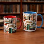 Personalized 3D-Effect Artwork Stained Glass Floral Bookshelf Coffee Mug with Name Birthday Reading Gift for Book Lover Bookworm