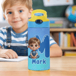 Personalised Q-Version Cartoon Character Photo 12 oz 16 oz Water Bottle with Name Straw and Handle Back to School Birthday Gift for Kids