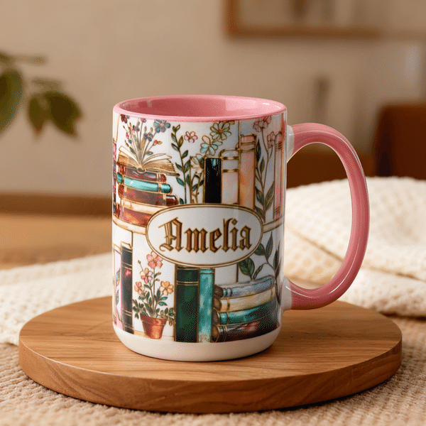 Personalized 3D-Effect Artwork Stained Glass Floral Bookshelf Coffee Mug with Name Birthday Reading Gift for Book Lover Bookworm