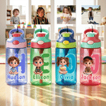 Personalised Q-Version Cartoon Character Photo 12 oz 16 oz Water Bottle with Name Straw and Handle Back to School Birthday Gift for Kids