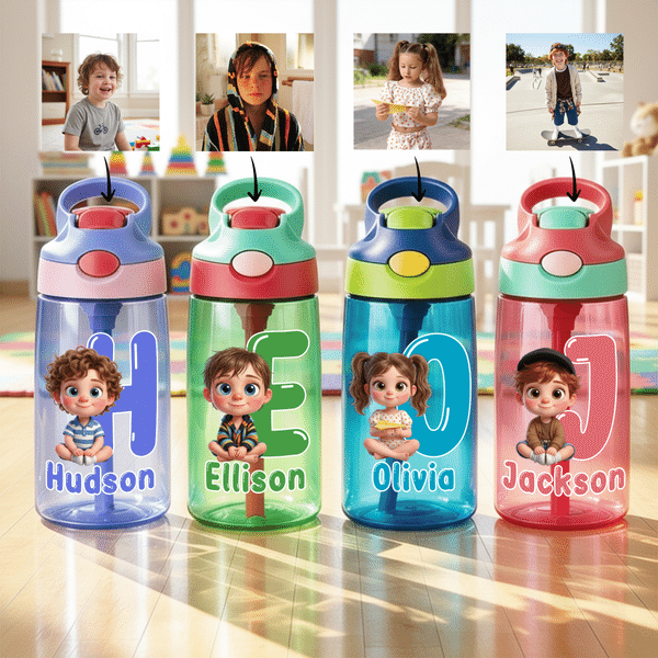 Personalized Q-Version Cartoon Character Photo 12 oz 16 oz Water Bottle with Name Straw and Handle Back to School Birthday Gift for Kids