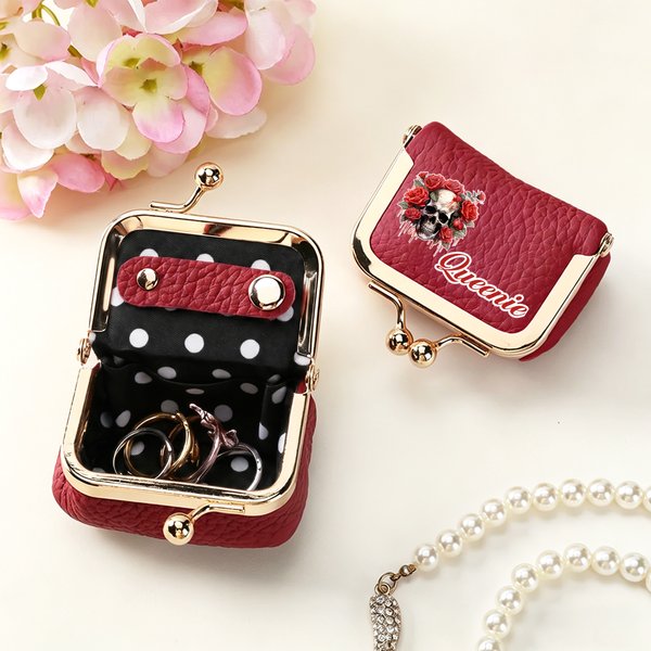 Personalized Birth Flower Skull PU Leather Mini Jewelry Box with Name and Kiss Lock Daily Use Birthday Gift for Girls Women Goth Enthusiasts