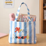 Personalised Multicolour Plush Embroidery Striped Canvas Tote Bag with Text Back to School Teacher Appreciation Week Teacher's Day Gift for Teacher