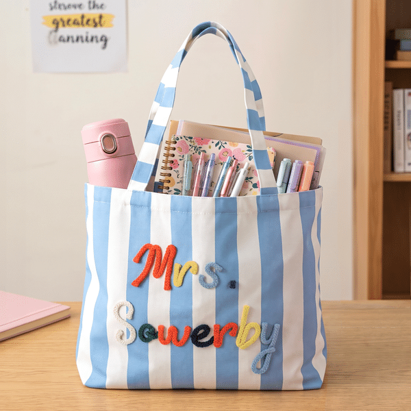 Personalized Multicolor Plush Embroidery Striped Canvas Tote Bag with Text Back to School Teacher Appreciation Week Teacher's Day Gift for Teacher