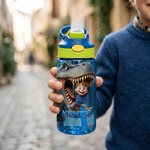 Personlig tegneserie-dinosaur-vannflaske for barn (16 oz) med navn og bilde – til daglig bruk, til skolestart og som bursdagsgave til gutter som elsker dinosaurer