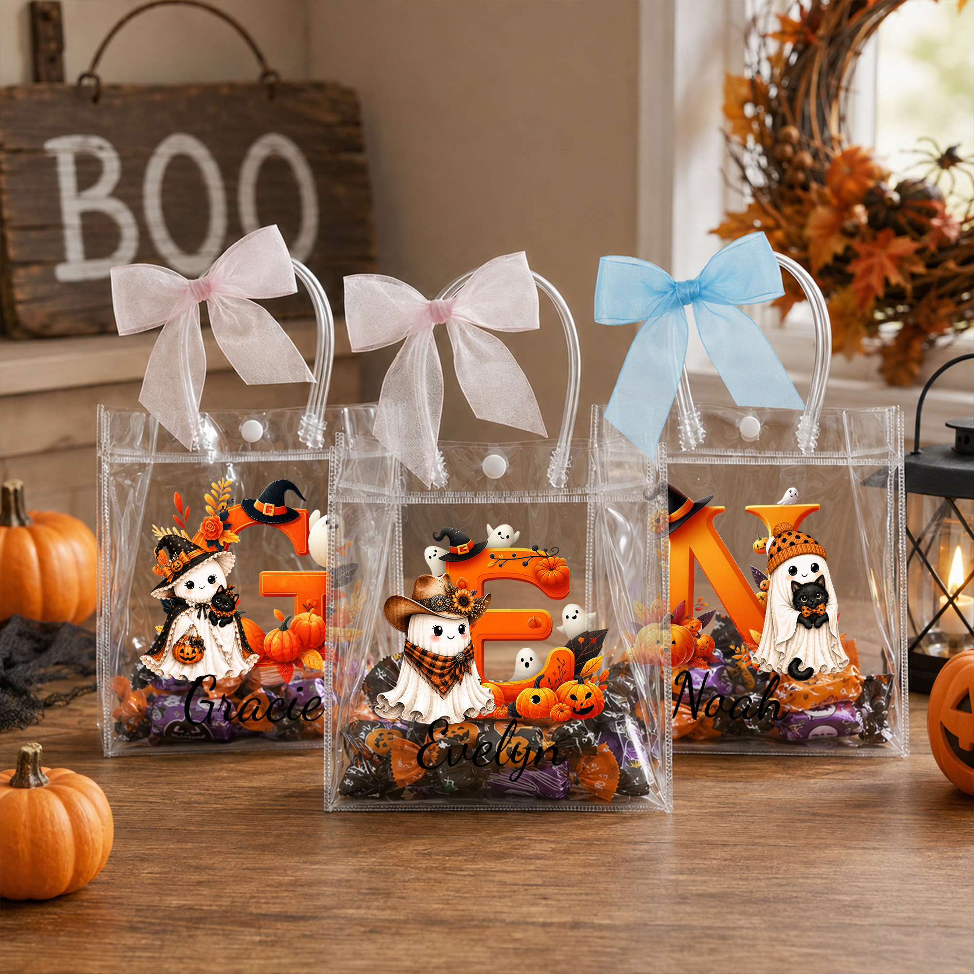 Personalisierte, transparente Tüte mit Halloween-Motiv und Initialen sowie Namen – für den täglichen Gebrauch, auf Reisen, zum „Süßes oder Saures“ und als Halloween-Geschenk für Jungen und Mädchen