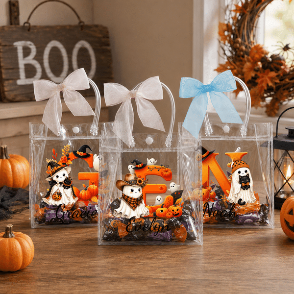 Personalised Halloween Theme Initial Transparent Bag with Name Daily Use Travel Trick or Treat Halloween Gift for Boys Girls