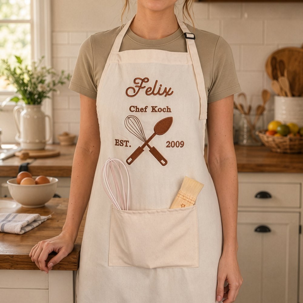 grembiule personalizzato in lino con ricamo a tema cucina
