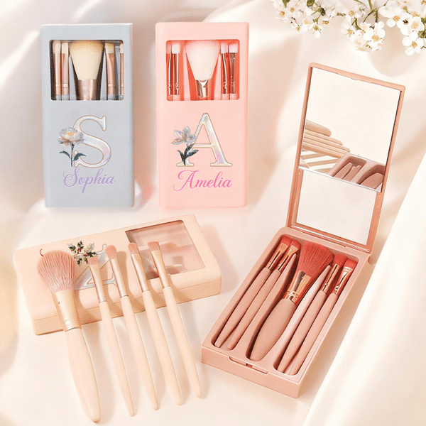 Personalised Mother of Pearl Effect Birth Flower 5 Pcs Makeup Brushes Box Set with Name and Mirror Birthday Gift for Woman