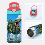 Personalized Ink Splash Dinosaur City 12 oz Insulated Water Bottle with Name Back to School Birthday Gift for Kid Dinosaur Lover