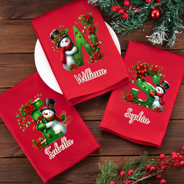 Personalized 100% Cotton Christmas Snowman Initial Table Napkin with Name Table Decor Christmas Gift for Family