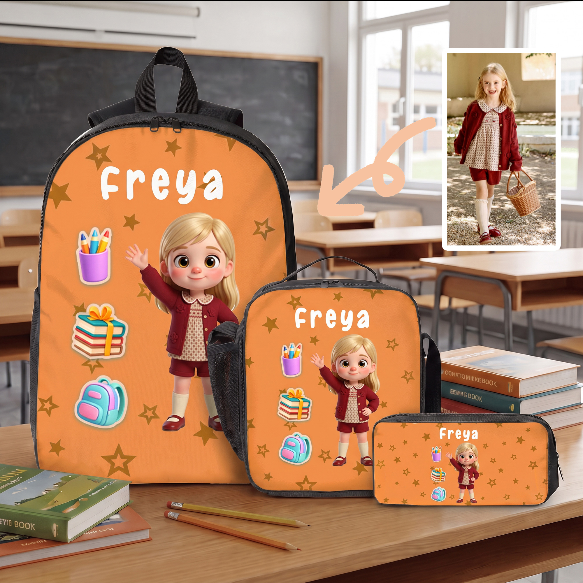 Individuell gestaltetes Set aus Rucksack, Lunch-Tasche und Federmäppchen im 3D-Stil mit Charaktermotiven und Namensaufdruck – Schulanfangs- und Geburtstagsgeschenk für Kinder und Schüler