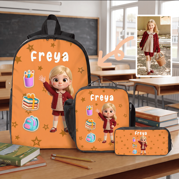 Personalized Photo Cartoon Character Large Capacity Backpack Lunch Bag Pencil Case Set with Name Back to School Birthday Gift for Kids Students