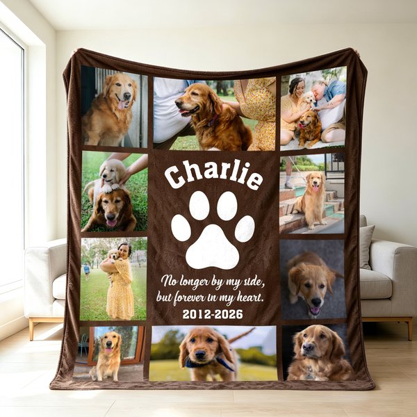Personalized Paw Print Pet Theme Photo Soft Throw Blanket with Name Text and Year Room Decor Memorial Birthday Anniversary Gift for Pet Lovers