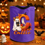 Personalized Cute Pumpkin Ghost LED Light Bucket Bag with Name and Initial Trick or Treat Halloween Party Birthday Gift for Kid Boy Girl