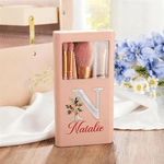 Personalised Mother of Pearl Effect Birth Flower 5 Pcs Makeup Brushes Box Set with Name and Mirror Birthday Gift for Woman