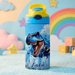Personalized Ink Splash Dinosaur City 12 oz Insulated Water Bottle with Name Back to School Birthday Gift for Kid Dinosaur Lover