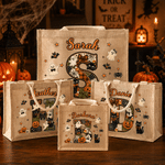 Henkilökohtainen kurpitsa-kissa-kummitus -aiheinen, patchwork-tyylinen, nimikirjaimilla varustettu, tilava juuttikassi, jossa on nimi – Halloween-lahja lapselle, joka rakastaa Halloweenia