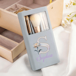 Personalised Mother of Pearl Effect Birth Flower 5 Pcs Makeup Brushes Box Set with Name and Mirror Birthday Gift for Woman