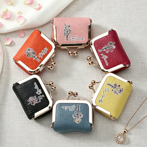Personalized Birth Flower Portable PU Leather Mini Jewelry Case with Kiss Lock and Name Birthday Gift for Family Besties