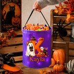Personalized Cute Pumpkin Ghost LED Light Bucket Bag with Name and Initial Trick or Treat Halloween Party Birthday Gift for Kid Boy Girl