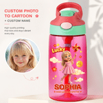 Personalised Lucky 3D-Style Artwork Cartoon Character Photo 16 oz Water Bottle with Name and Straw Daily Use Birthday Back to School Gift for Kids